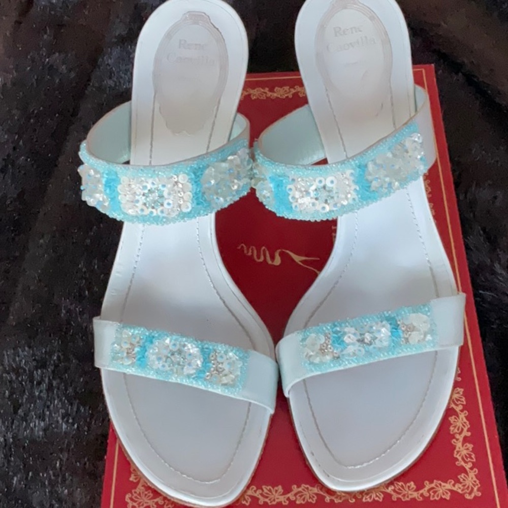 RENE CAOVILLA aqua 2 strap beaded heels 39 9 8.5 GORGEOUS shoes